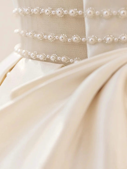 Charming A-Line V-Neck Bridal Gown Beading Bow Satin Backless Wedding Dress AP2385