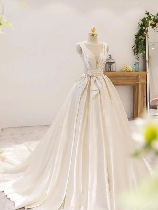 Charming A-Line V-Neck Bridal Gown Beading Bow Satin Backless Wedding Dress AP2385