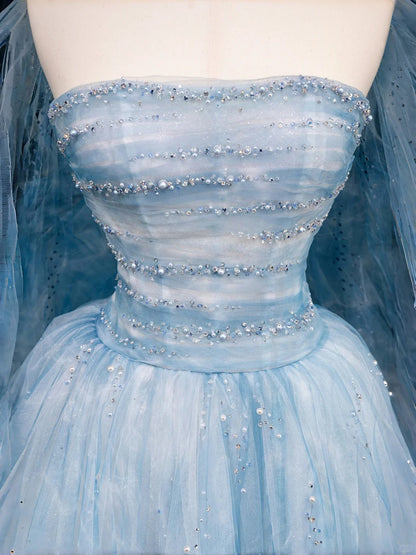 Glamorous Beaded A-Line Strapless Evening Gowns With Shawl Sequins Blue Tulle Prom Dress AP2386