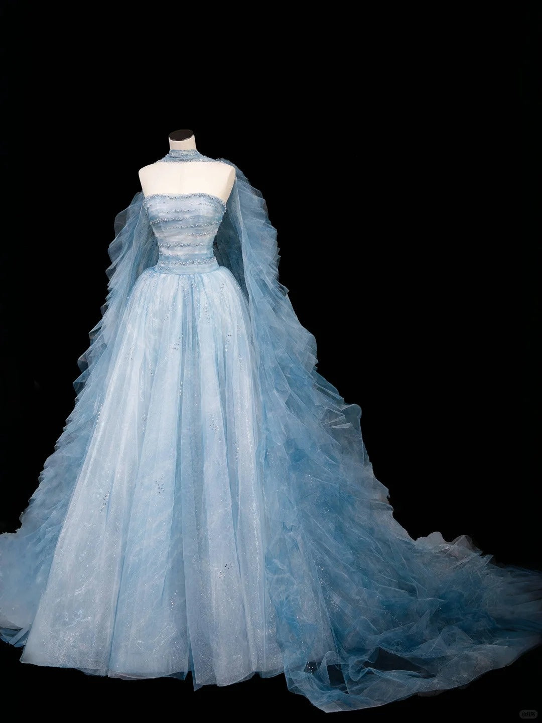 Glamorous Beaded A-Line Strapless Evening Gowns With Shawl Sequins Blue Tulle Prom Dress AP2386