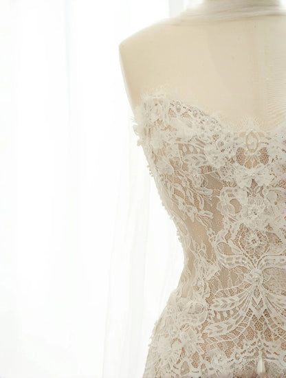 Ethereal A-Line Strapless Bridal Gowns Lace Tulle Beading Applique Wedding Dress AP2387