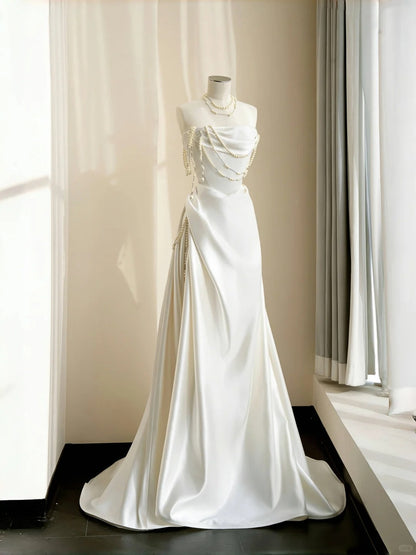 Gorgeous Strapless A-Line Bridal Gowns Ruched Satin Bading Wedding Dress AP2388