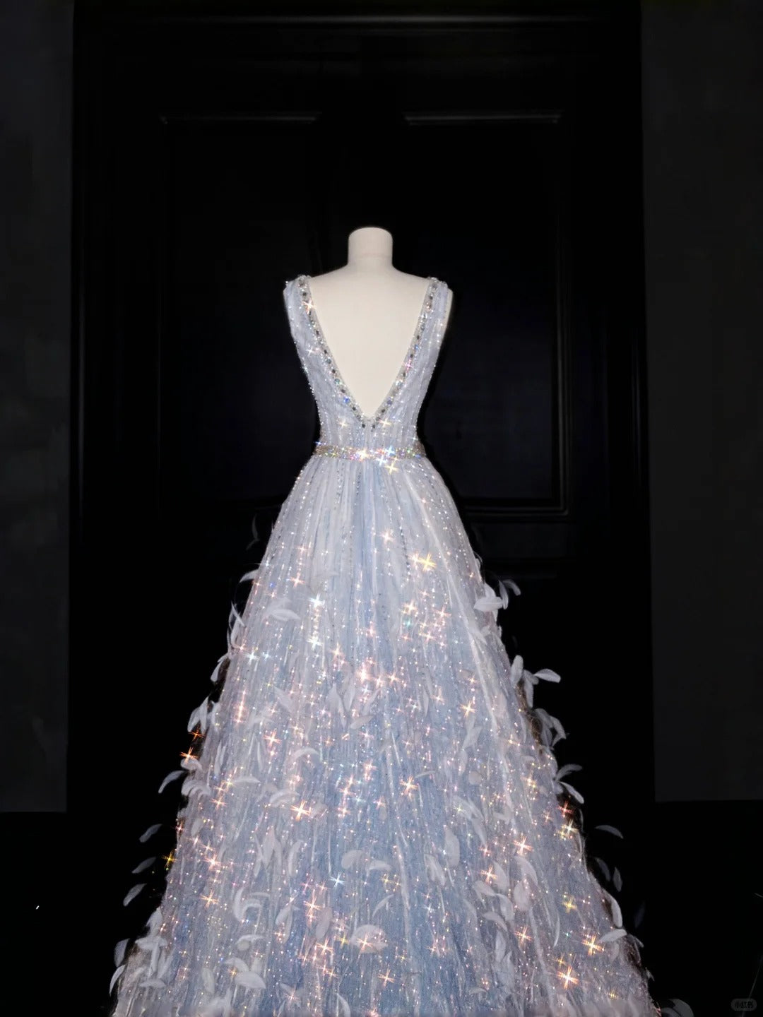 Glam Illusion Neck A-Line Evening Gowns Feather Rhinestone Beaded Prom Dress AP2389