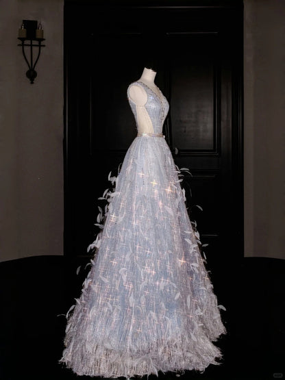 Glam Illusion Neck A-Line Evening Gowns Feather Rhinestone Beaded Prom Dress AP2389