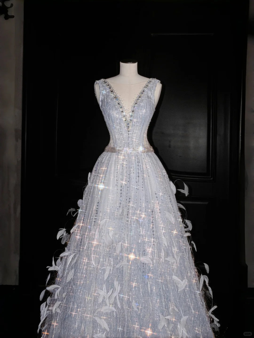 Glam Illusion Neck A-Line Evening Gowns Feather Rhinestone Beaded Prom Dress AP2389