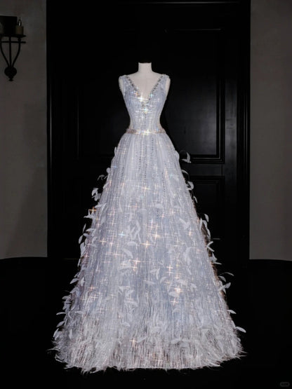 Glam Illusion Neck A-Line Evening Gowns Feather Rhinestone Beaded Prom Dress AP2389