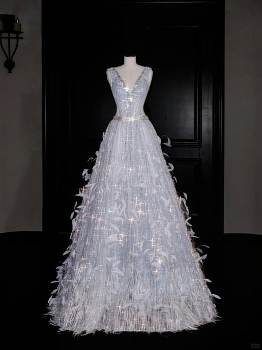 Glam Illusion Neck A-Line Evening Gowns Feather Rhinestone Beaded Prom Dress AP2389