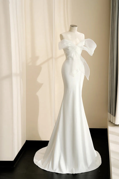 Vintage Strapless Bridal Gowns Mermaid Big Bow Tulle Satin Wedding Dress AP2390