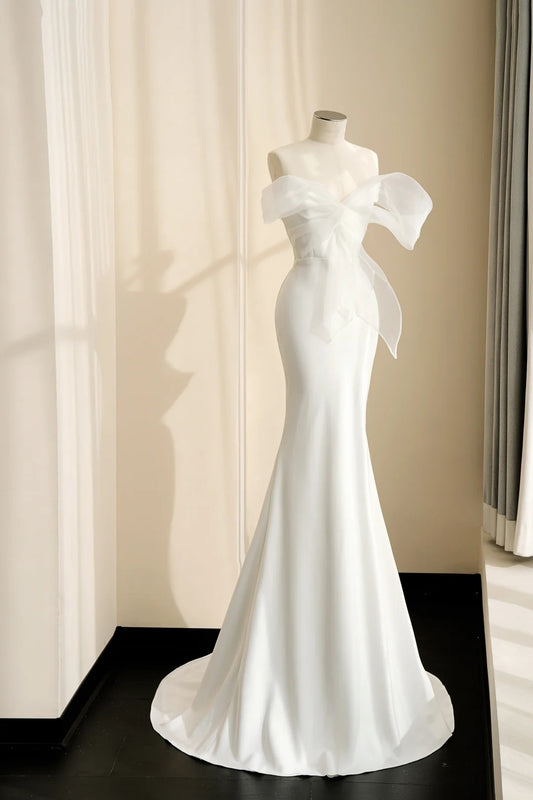 Vintage Strapless Bridal Gowns Mermaid Big Bow Tulle Satin Wedding Dress AP2390