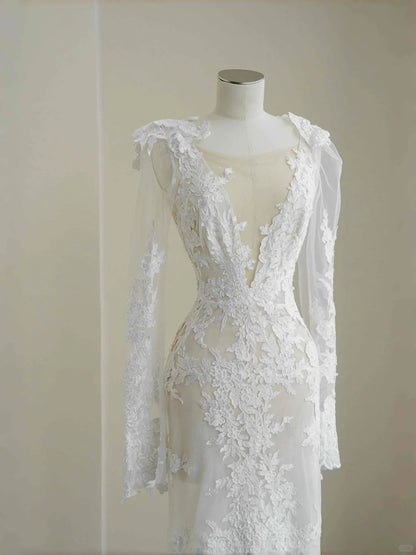 Novelty Illusion Neck Mermaid Bridal Gown Applique Beading Long Sleeve Wedding Dress AP2392