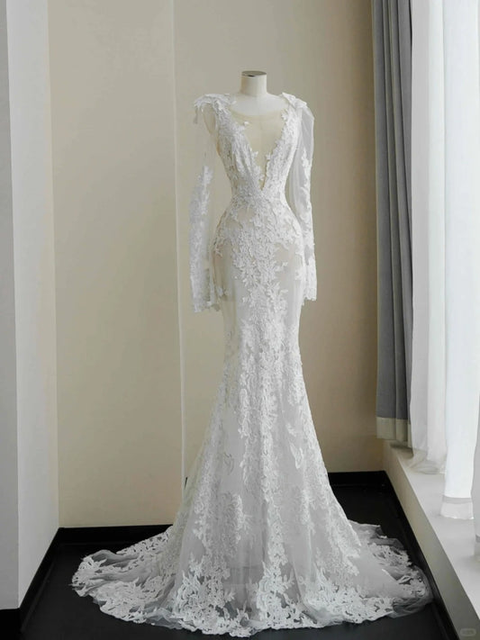 Novelty Illusion Neck Mermaid Bridal Gown Applique Beading Long Sleeve Wedding Dress AP2392