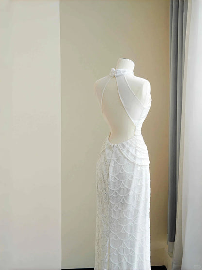 Retro Sheath Halter Neck Bridal Gowns Beading Sequins Wedding Dress AP2393