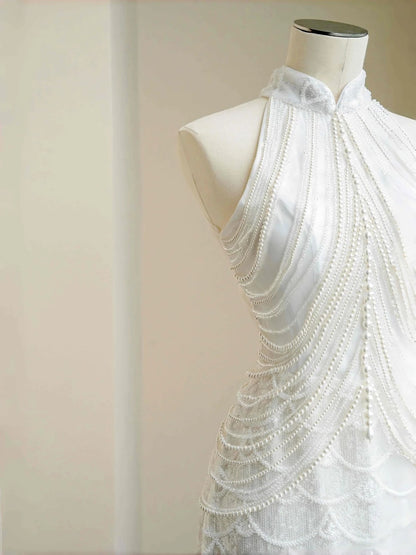 Retro Sheath Halter Neck Bridal Gowns Beading Sequins Wedding Dress AP2393