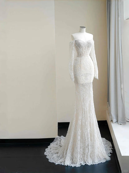 Classical Off-Shoulder Mermaid Bridal Gown Long Sleeve Sequins Applique Lace Beaded Wedding Dress AP2394