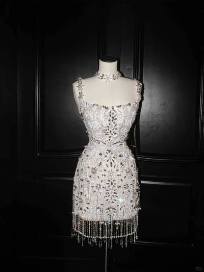 Exquisite Sheath Spaghetti Straps Birthday Dresses Beading Crystal Homecoming Dress AP2395