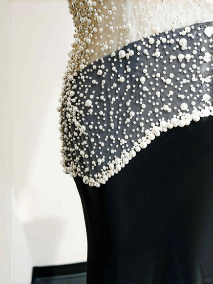 Vintage High Collar Sleeveless Mermaid Formal Dress Pearls Tulle Black Velvet Prom Dress AP2396