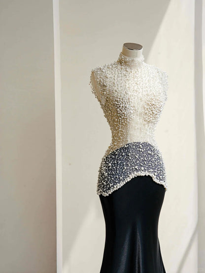 Vintage High Collar Sleeveless Mermaid Formal Dress Pearls Tulle Black Velvet Prom Dress AP2396