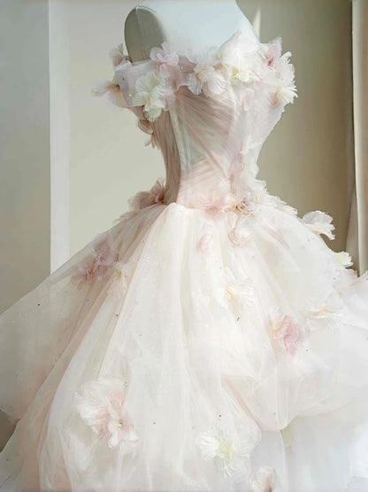 Gorgeous Off-Shoulder A-Line Tulle Evening Gowns Beaded Handmade Flowers Sequins Prom Dress AP2397