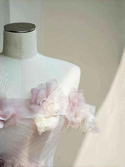 Gorgeous Off-Shoulder A-Line Tulle Evening Gowns Beaded Handmade Flowers Sequins Prom Dress AP2397