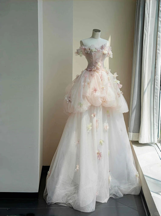 Gorgeous Off-Shoulder A-Line Tulle Evening Gowns Beaded Handmade Flowers Sequins Prom Dress AP2397