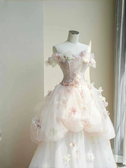 Gorgeous Off-Shoulder A-Line Tulle Evening Gowns Beaded Handmade Flowers Sequins Prom Dress AP2397