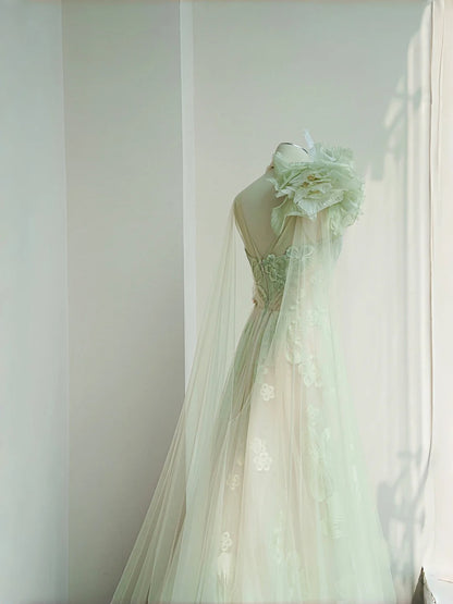 Dreamy Tulle Halter Neck A-Line Evening Gowns Handmade Flowers Beading Applique Prom Dress AP2398