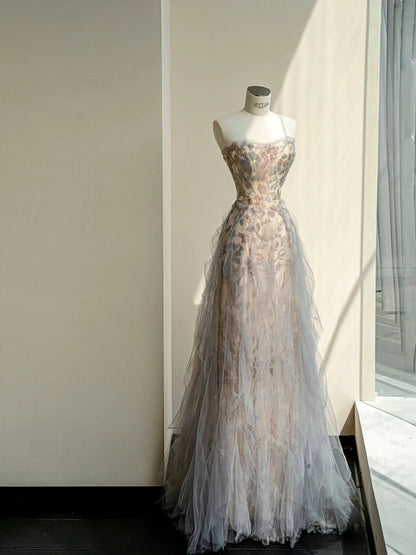 Ethereal A-Line Strapless Evening Gowns Ruffled Tulle Beading Sequins Prom Dress AP2399