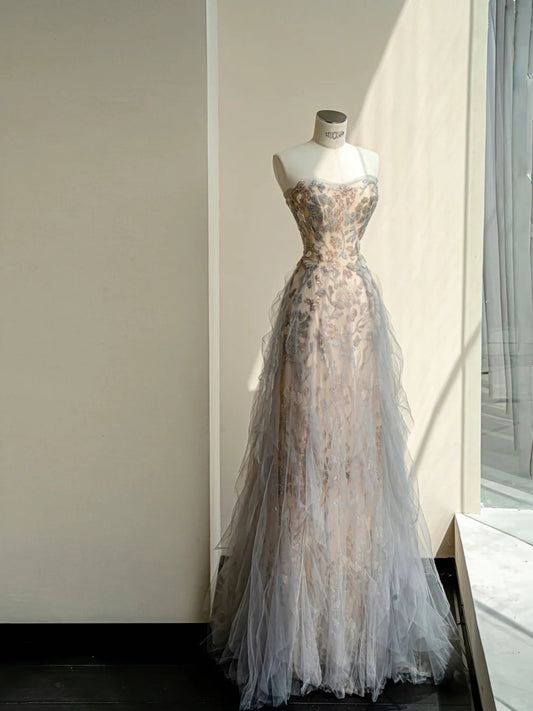 Ethereal A-Line Strapless Evening Gowns Ruffled Tulle Beading Sequins Prom Dress AP2399