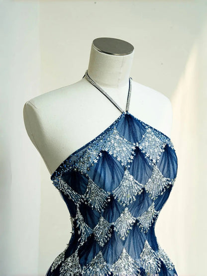 Charming A-Line Halter Neckline Evening Gowns Sequins Beading Tulle Ombre Blue Prom Dress AP2400