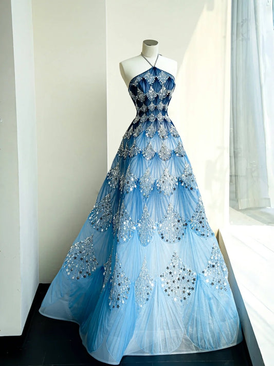 Charming A-Line Halter Neckline Evening Gowns Sequins Beading Tulle Ombre Blue Prom Dress AP2400