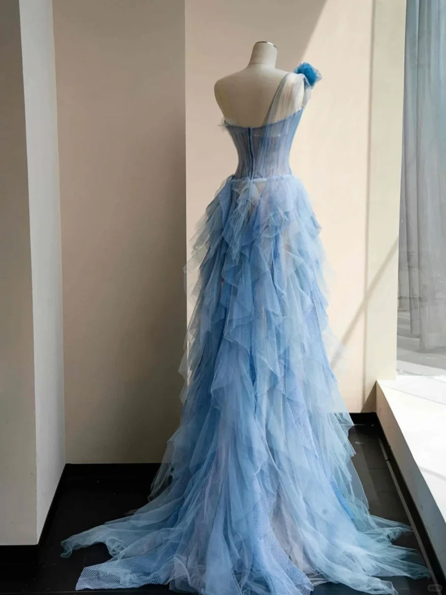 Graceful One-Shoulder A-Line Evening Gowns Handmade Flowers Tulle Prom Dress AP2401