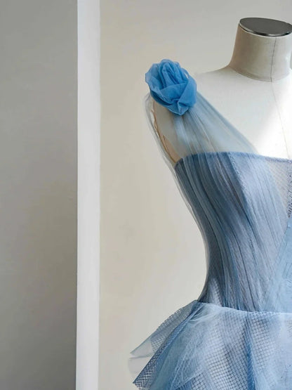 Graceful One-Shoulder A-Line Evening Gowns Handmade Flowers Tulle Prom Dress AP2401