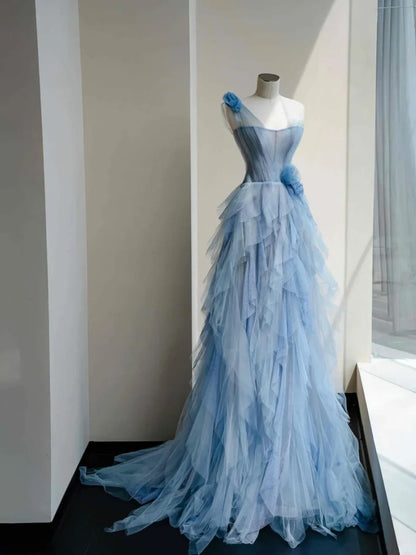 Graceful One-Shoulder A-Line Evening Gowns Handmade Flowers Tulle Prom Dress AP2401