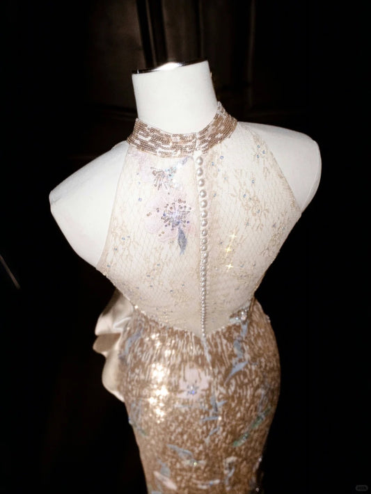 Exquisite Halter Neck Sheath Evening Gowns Sequins Beading High-Slit Prom Dress AP2402