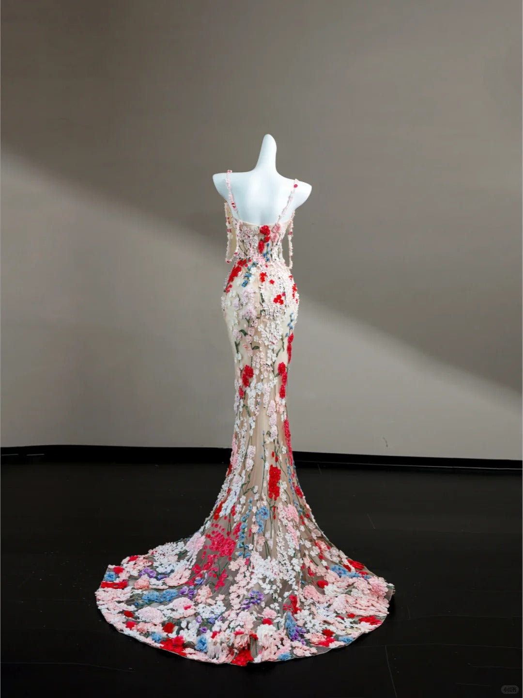 Romantic Floral Spaghetti Strap Mermaid Formal Dresses Applique Tulle Prom Dress AP2404