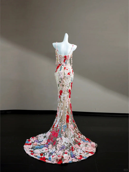 Romantic Floral Spaghetti Strap Mermaid Formal Dresses Applique Tulle Prom Dress AP2404