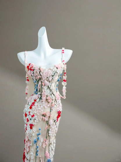 Romantic Floral Spaghetti Strap Mermaid Formal Dresses Applique Tulle Prom Dress AP2404