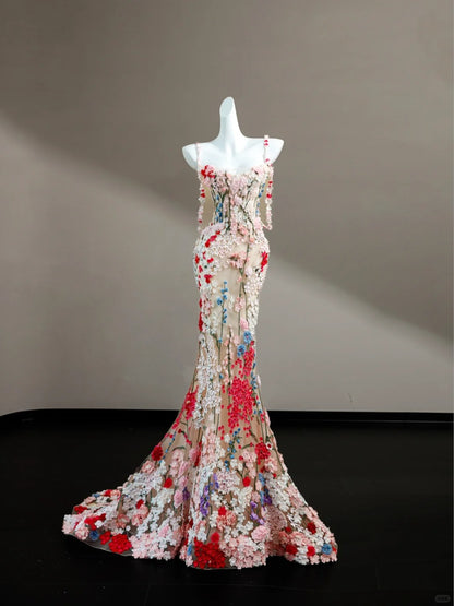 Romantic Floral Spaghetti Strap Mermaid Formal Dresses Applique Tulle Prom Dress AP2404