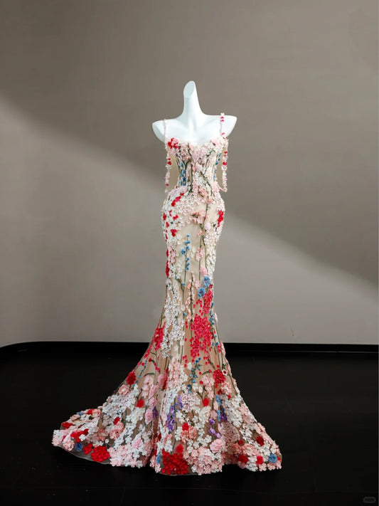 Romantic Floral Spaghetti Strap Mermaid Formal Dresses Applique Tulle Prom Dress AP2404