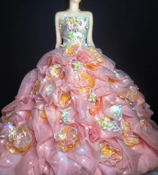 Glamorous Strapless A-Line Applique Evening Gowns Sequins Beading Handmade Flowers Prom Dress AP2405