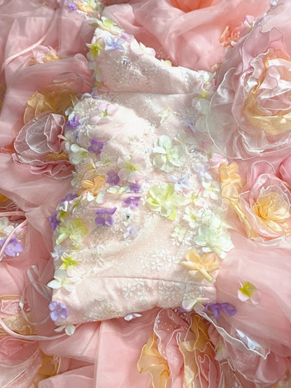 Glamorous Strapless A-Line Applique Evening Gowns Sequins Beading Handmade Flowers Prom Dress AP2405