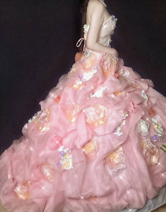 Glamorous Strapless A-Line Applique Evening Gowns Sequins Beading Handmade Flowers Prom Dress AP2405