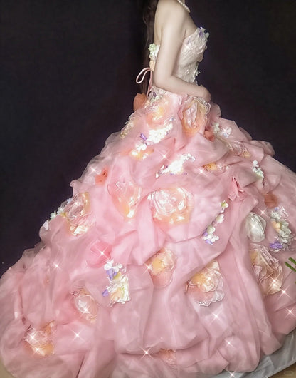 Glamorous Strapless A-Line Applique Evening Gowns Sequins Beading Handmade Flowers Prom Dress AP2405