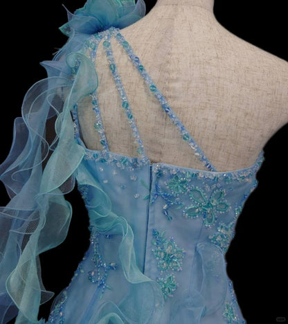 Dreamy A-Line One-Shoulder Evening Gowns Sequins Beading Handmade Flowers Ruffled Prom Dress AP2406