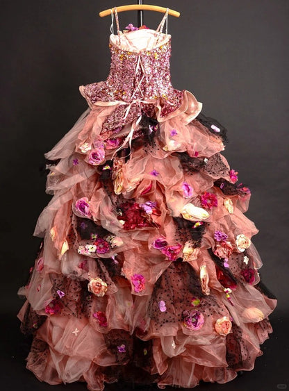 Romantic Spaghetti Strap A-Line Ruffled Tulle Formal Dresses Crystals Sequins Handmade Flowers Prom Dress AP2407