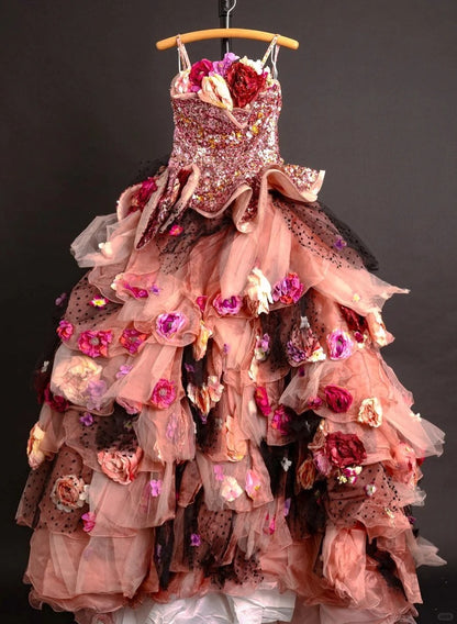 Romantic Spaghetti Strap A-Line Ruffled Tulle Formal Dresses Crystals Sequins Handmade Flowers Prom Dress AP2407