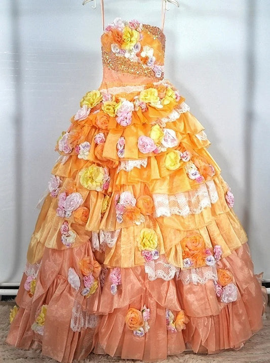 Vibrant Strapless A-Line Evening Gowns Beading Sequins Handmade Flowers Tiered Tulle Prom Dress AP2408