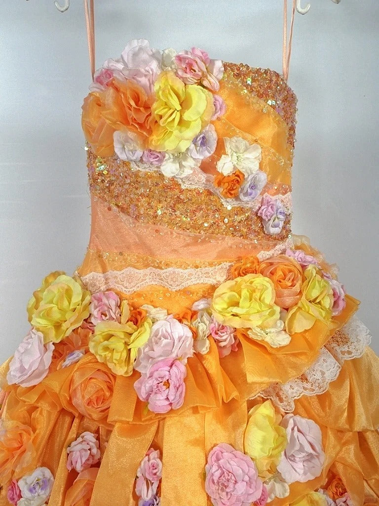 Vibrant Strapless A-Line Evening Gowns Beading Sequins Handmade Flowers Tiered Tulle Prom Dress AP2408