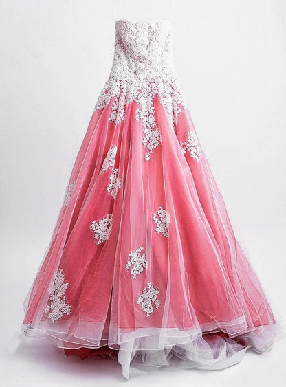 Sweet Strapless A-Line Evening Gowns Applique Tulle Prom Dress AP2410