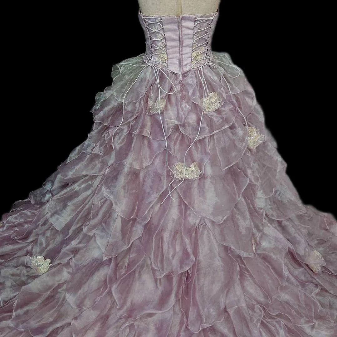 Chic A-Line Strapless Evening Gowns Sequins Beading Ruffled Tulle Applique Prom Dress AP2411